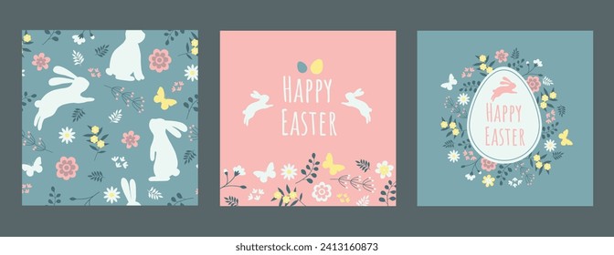 Colorful set of Easter greeting cards and seamless backgrounds with leaves, flowers, rabbits and butterflies