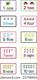 A colorful set of educational flashcards for children to learn numbers and counting from 1 to 10. Each card features a number, its written name, and corresponding images to represent the quantity.