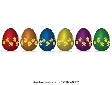Colorido conjunto de huevos aislados en un vector de fondo blanco y flores amarillas decoradas.