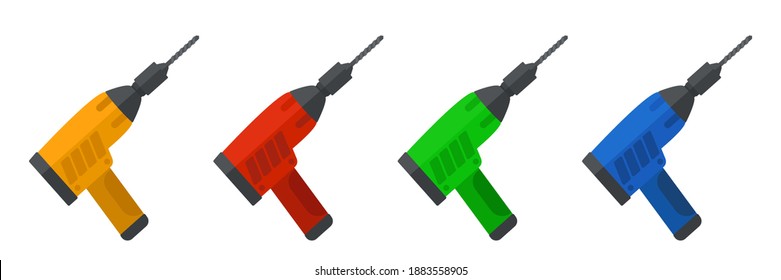 Colorful set of electric drills. Battery-powered screwdrivers. Vector illustration, flat design, cartoon style, isolated on white background.