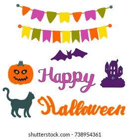 Colorful set of elements for Happy Halloween greeting card with cat, garlands, lettering, pumpkin, castle, moon isolated on white background. Vector illustration.