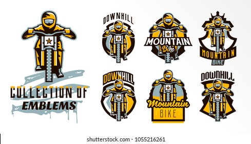 A colorful set of emblems, badges, logos of a rider riding a mountain bike. Bicycle, transport, downhill, freeride, extreme, sports. T-shirt printing, vector illustration.