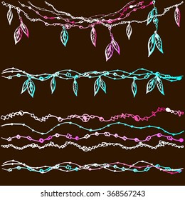 The colorful set of ethnic borders with beads and feathers. Decoration for dream catcher. Vector illustration.