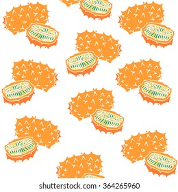 Colorful set of exotic Asian fruits and berries. Hand drawn pattern with  kiwano. Thailand, Indian, Chinese national fruits.