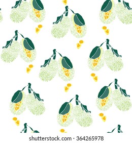 Colorful set of exotic Asian fruits and berries. Hand drawn pattern with  jack fruit. Thailand, Indian, Chinese national fruits
