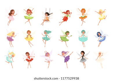 Colorful set of fairies in flying action. Little creatures with colorful hair and wings. Mythical fairy tale characters in cute dresses. Flat vector design