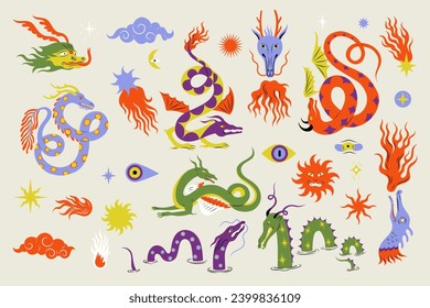 Colorful set of fantasy dragons, monsters, beasts and stars. Chinese symbol, antique characters