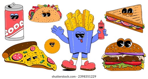 Colorful set of fast food characters in retro cartoon style. Vector mascot illustration of burger, hot dog, french fries, pizza, taco, soda and other street food on white isolated background.