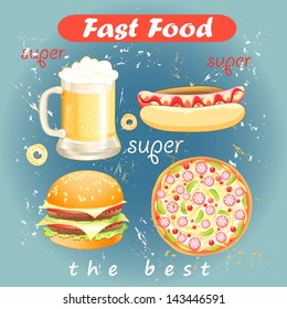 Colorful set of fast food meals and drinks on a blue background aged