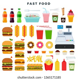 Colorful set of fast food products. Hamburger, cheeseburger, hot dog, donut, fried potatoes, sauce, salad, coffee, ice cream, cocktail, Cola, ketchup, mustard, etc. Vector illustration in flat style.