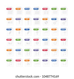 colorful set of file type icons. file format icon set in color, files symbols buttons