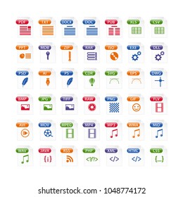 colorful set of file type icons. file format icon set in color, files symbols buttons