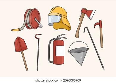 Colorful set of firefighter tools and equipment. Collection of fireman kit, mask, hydrant and fire extinguisher. Firefighting uniform and garment. Emergency situation. Flat vector illustration. 