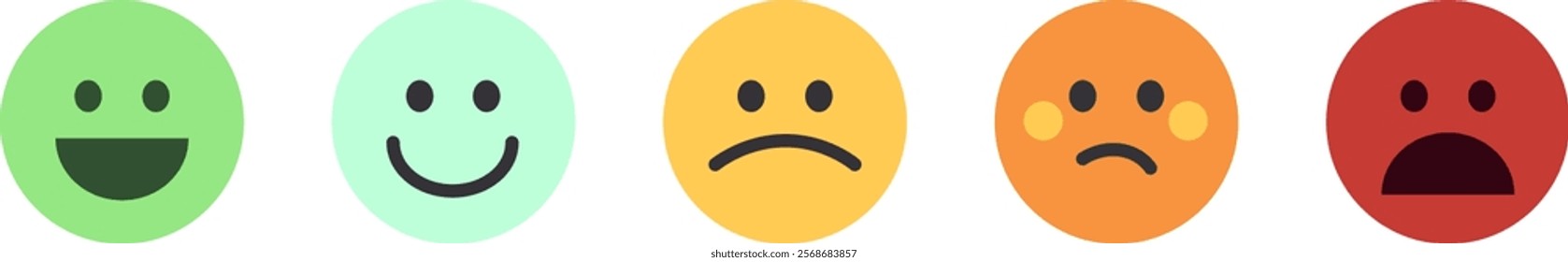 A colorful set of five emoji faces showing various emotions from happiness to anger, perfect for communication, education, or emotional concepts.