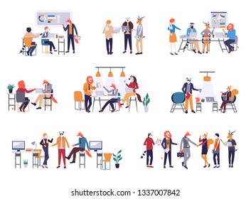 Colorful set in flat cartoon style. Collection of scenes at office vector illustration. Bundle of men and women taking part in business meeting, negotiation, brainstorming, talking to each other.