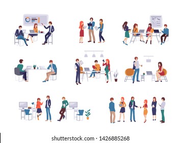 Colorful set in flat cartoon style. Collection of scenes at office vector illustration. Bundle of men and women taking part in business meeting, negotiation, brainstorming, talking to each other.