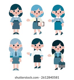 A colorful set of flat vector cartoon characters representing diverse business professionals. 