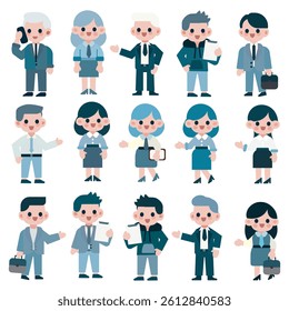 A colorful set of flat vector cartoon characters representing diverse business professionals. 
