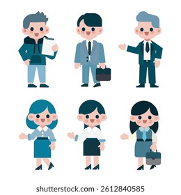 A colorful set of flat vector cartoon characters representing diverse business professionals. 