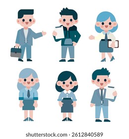 A colorful set of flat vector cartoon characters representing diverse business professionals. 