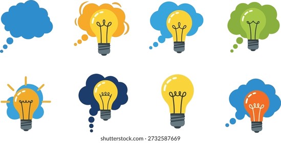 A colorful set of flat vector icons featuring lightbulbs inside thought bubbles, representing ideas, creativity, and inspiration.