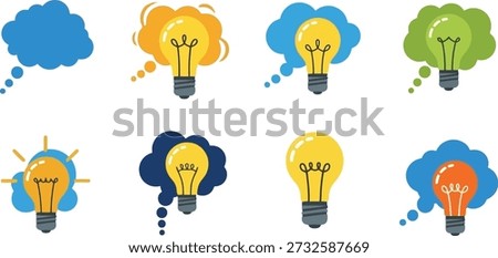 A colorful set of flat vector icons featuring lightbulbs inside thought bubbles, representing ideas, creativity, and inspiration.
