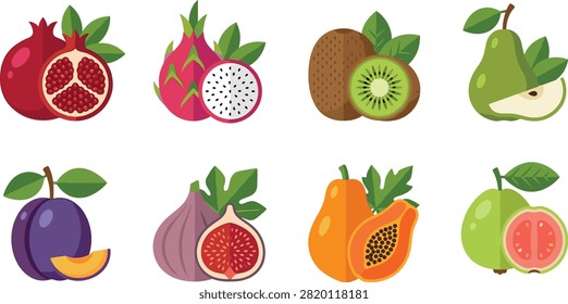 A colorful set of flat vector illustrations featuring whole and halved fresh fruits, including pomegranate, dragonfruit, kiwi, pear, plum, fig, papaya, and guava. Ideal for healthy food branding, recipe graphics, nutrition guides, juice packaging, and culinary web design.A colorful set of flat vector illustrations featuring whole and halved fresh fruits, including pomegranate, dragonfruit, kiwi, pear, plum, fig, papaya, and guava. Ideal for healthy food branding, recipe graphics, nutrition guides, juice packaging, and culinary web design.