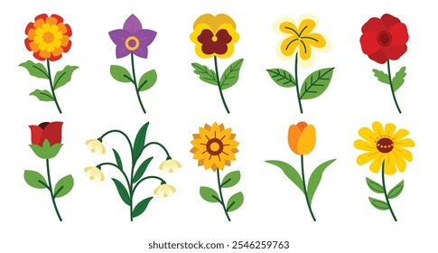 Un colorido conjunto de ilustraciones de flores con rosas, girasoles, tulipanes y más, elaboradas en un estilo vibrante y artístico, perfecto para temas botánicos y decorativos.
