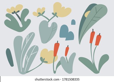 colorful set of flowers. plant pattern Flat vector color illustration