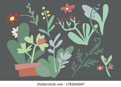 colorful set of flowers. plant pattern dark background Flat vector color illustration