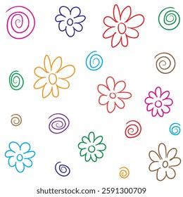 Colorful set of flowers and spiral pattern. Kids' doodle of vector illustration.