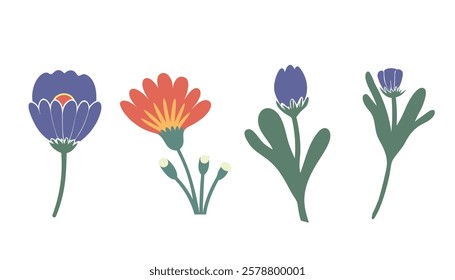 Colorful set of flowers. Vector botanical flowers on white background. style for fabric,print, banners, wallpaper, posters, websites, online shopping.Vector illustration design. 