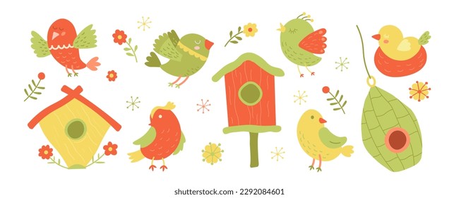 Colorful set of flying cartoon birds and colorful bird houses. Flowers and doves. Sparrows for easter stickers