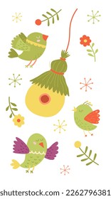 Colorful set of flying green birds and yellow bird house. Flowers and doves. Sparrows for easter stickers