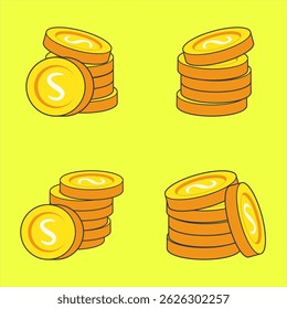 Colorful set of four cartoon style illustrations featuring stacks of shiny gold coins with the letter "S" on a bright yellow background, Cartoon icon set of Gold Coins Stacked 