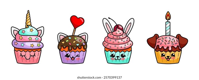 A colorful set of four cupcakes in a kawaii style with unique designs such as a unicorn, a cat, a puppy and a rabbit. Perfect for children's products, birthday themes, and fun decorations. 