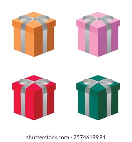 A colorful set of four gift boxes in orange, pink, red, and green, each adorned with a silver ribbon and bow. Perfect for holiday, celebration, or gifting themes.