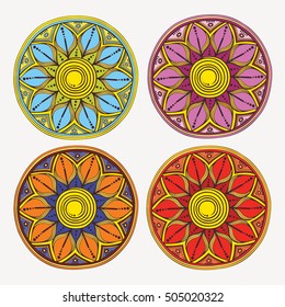 Colorful set of four hand drawn round ornaments. Mandala design. Beautiful elements for your design. Vector art