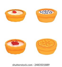 Colorful set of four illustrated fruit tarts with various toppings, isolated on a white background