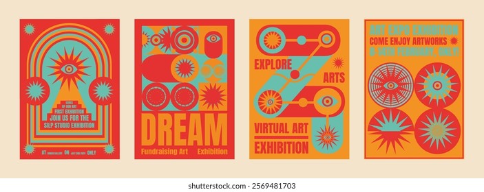 Colorful set of four psychedelic art exhibition posters with bold designs. Vibrant colors and creative art themes stand out. Psychedelic retro poster template vectors.