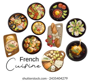 Colorful set of French cuisine dishes. Isolate on a white background. Clipart, hand drawing. Vector