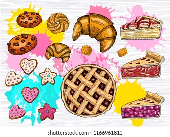 Colorful set of fresh pastries. Hearts stars cookies, cake, homemade chocolate cookies, circle pie, croissant. Sketch style, color splash. Hand drawn vector illustration