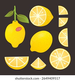 Colorful set of fresh whole lemons and lemon slices on a dark background. Vector citrus fruit collection in flat cartoon style. Perfect for packaging, juice labels, menus, or kitchen decor.