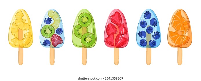 Colorful set of fruit popsicles with strawberry, kiwi, blueberry, orange and pineapple isolated on white background. Perfect for summer dessert packaging, cafe menu or healthy food design element.