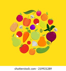 Colorful set of fruit and vegetables arranged in circle shape. Vector illustration of food concept.