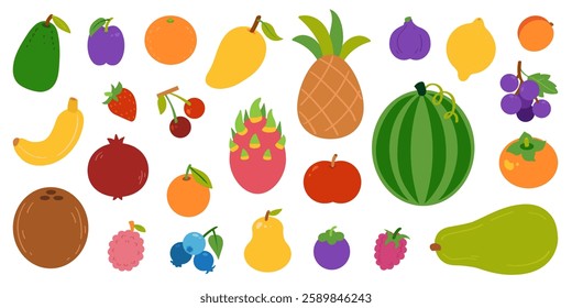 Colorful set of fruits and berries, color vector cartoon collection. Colored flat illustration isolated on white background