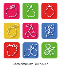 Colorful set of fruits icons in flat design with short shadows