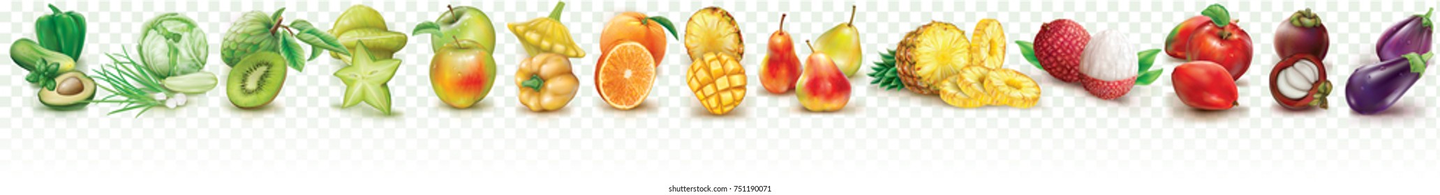 Colorful set fruits and vegetables on a transparent background. Vector illustration