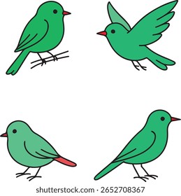 Um conjunto colorido de pássaros engraçados de desenhos animados em um galho, com papagaios e pardais bonitos com penas detalhadas e asas expressivas, perfeito para projetos inspirados na natureza