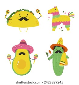 Colorido conjunto con personajes divertidos para las vacaciones del Cinco de Mayo. Pinata, cactus, tacos y aguacate